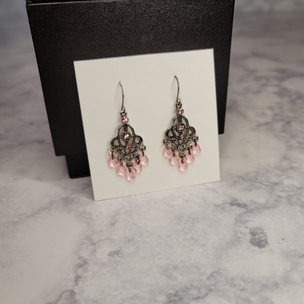 Chandelier Earrings Silver with Pink Stones and Beads